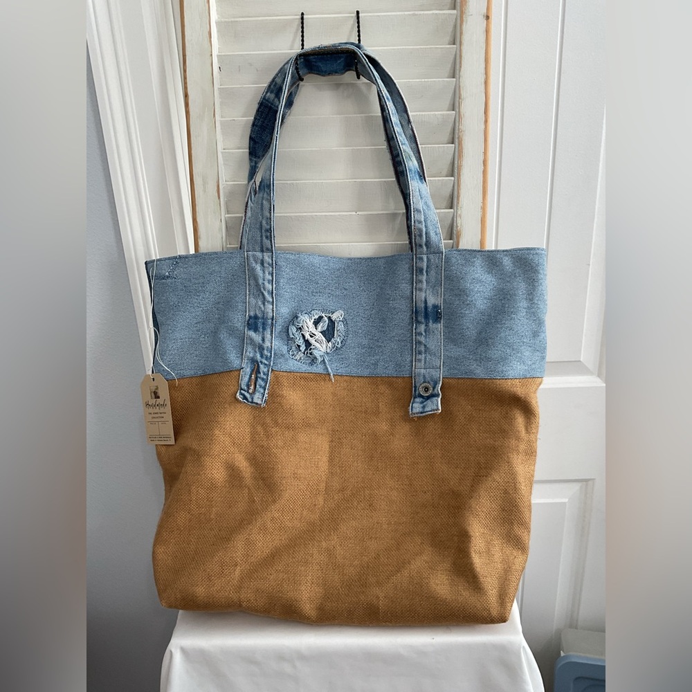 The Large Tote Denim and Tan Beach Bag - Picture 1 of 4